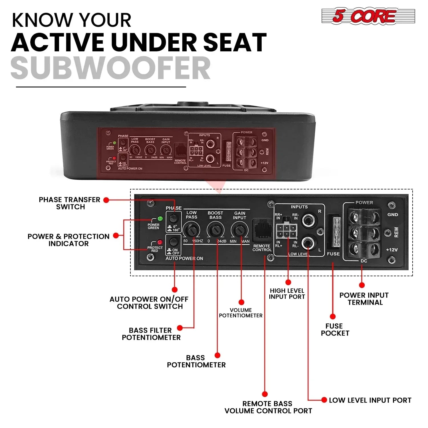 5Core 10 Inch Slim under Seat Car Audio Subwoofer 800W Built in