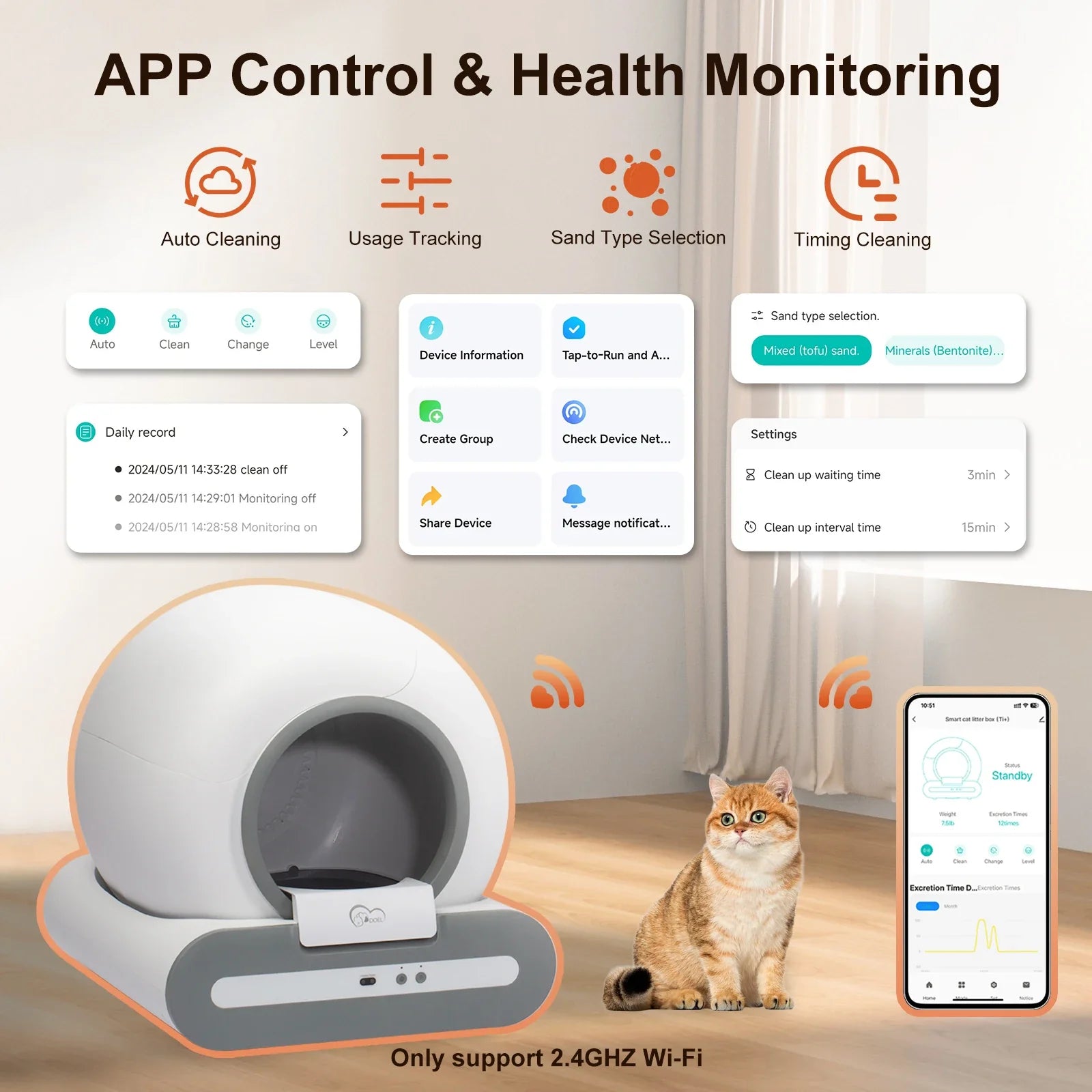 DOEL 65L Self-Cleaning Cat Litter Box App Control – ONLY Supports 2.4G WiFi w/ Litter Mat & Trash Bags