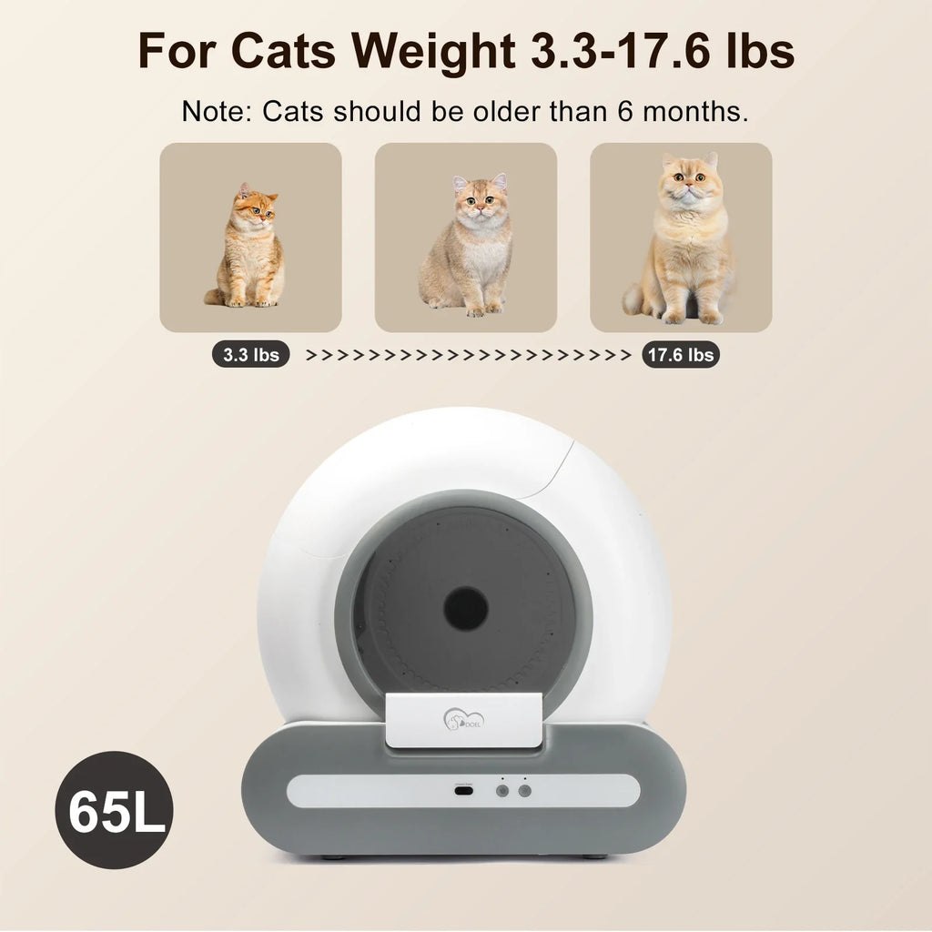 DOEL 65L Self-Cleaning Cat Litter Box App Control – ONLY Supports 2.4G WiFi w/ Litter Mat & Trash Bags