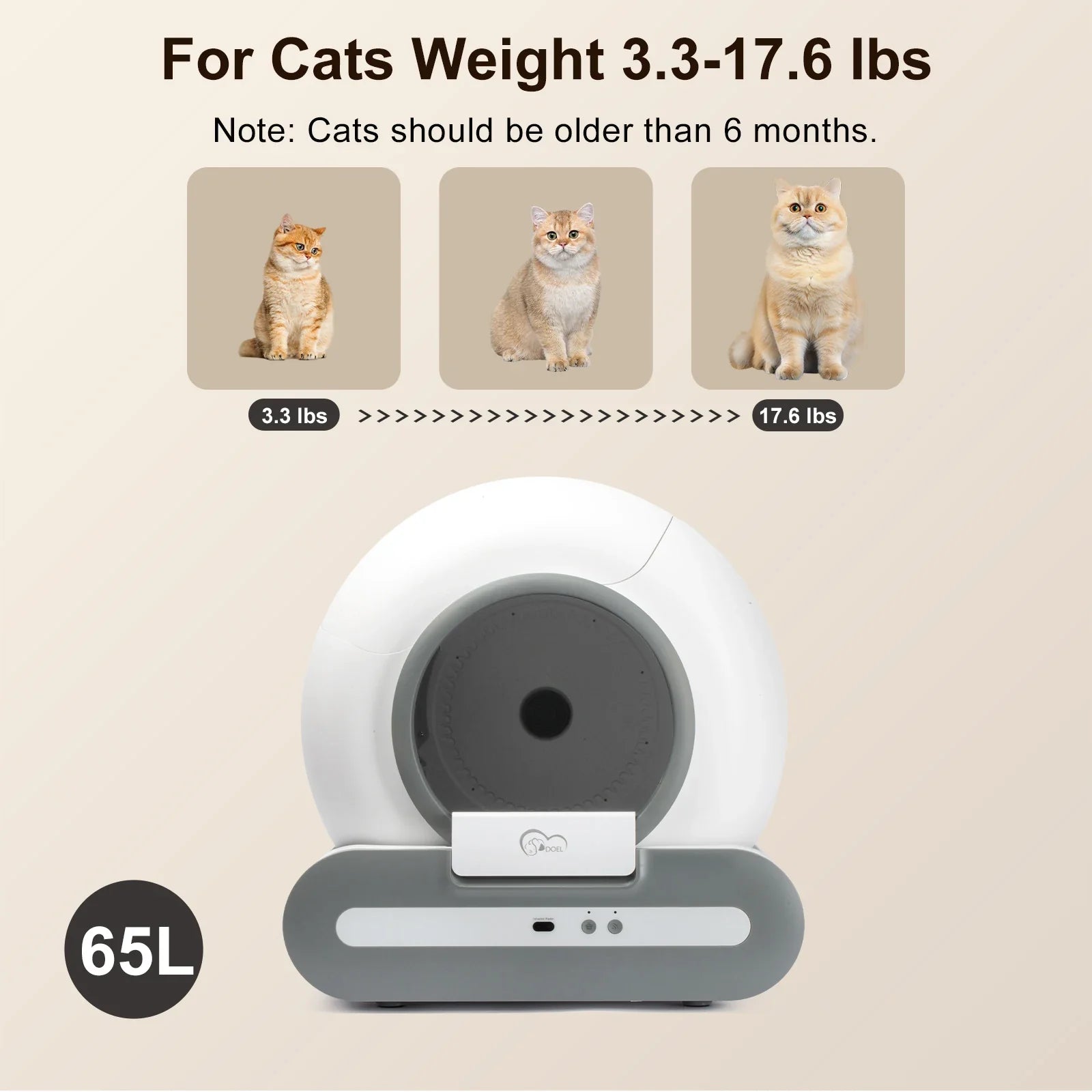 DOEL 65L Self-Cleaning Cat Litter Box App Control – ONLY Supports 2.4G WiFi w/ Litter Mat & Trash Bags